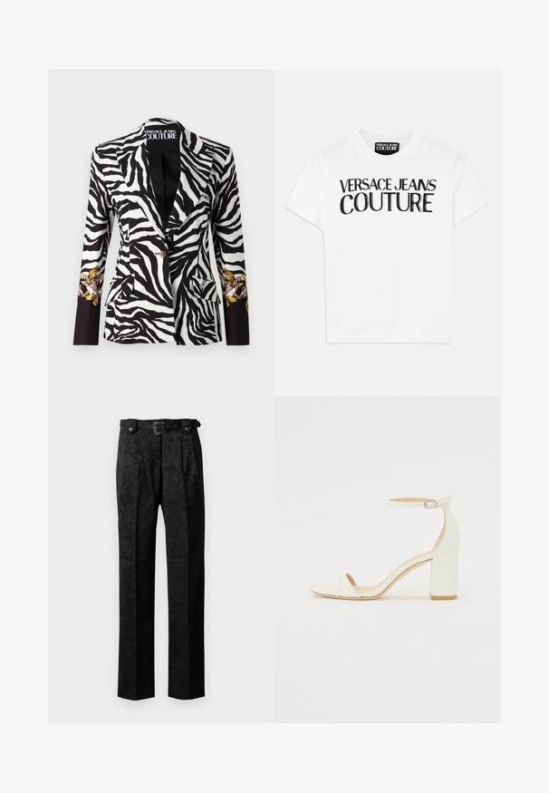 Versace Jeans Couture Blazer - black/white; Camiseta de algodão branca com letras pretas em negrito que dizem "VERSACE JEANS COUTURE" na parte da frente, com um clássico decote redondo.; Calças formais pretas com um padrão floral subtil, pregas frontais, passantes para cinto e um cinto decorativo com fivela sobre um fundo simples.; Sandal de bloco em pele branca, apresentando uma correia no tornozelo com fivela e um design minimalista. Com biqueira aberta e texturas suaves ao longo de toda a peça.