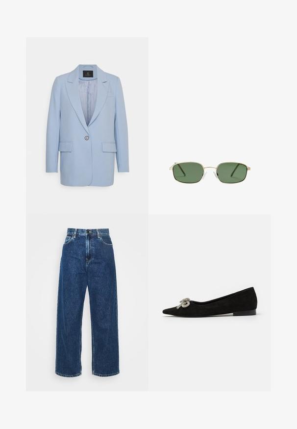 Blazer azzurro chiaro con chiusura a un bottone, rever a punta, due tasche frontali e una fodera interna liscia. Design semplice, vestibilità sartoriale.; Blusa bianca a maniche lunghe in tessuto morbido, con un nodo al collo e polsini sagomati. Design semplice e classico senza fantasie.; Jeans in denim azzurro chiaro a gamba larga con vita alta, cuciture visibili e tasche standard. Presentano una chiusura con bottone e zip.; Scarpa piatta in suede nera con punta affusolata, decorata con un elegante fiocco argentato sul davanti, con tacco basso.; Occhiali da sole con montatura in metallo dorato, lenti verdi, forma rettangolare e cuscinetti nasali in plastica trasparente. Tempi sottili e slanciati con design minimale.; Borsa a tracolla in pelle bordeaux con forma curvata, hardware dorato e finitura testurizzata. Presenta una chiusura con zip e una tracolla regolabile.