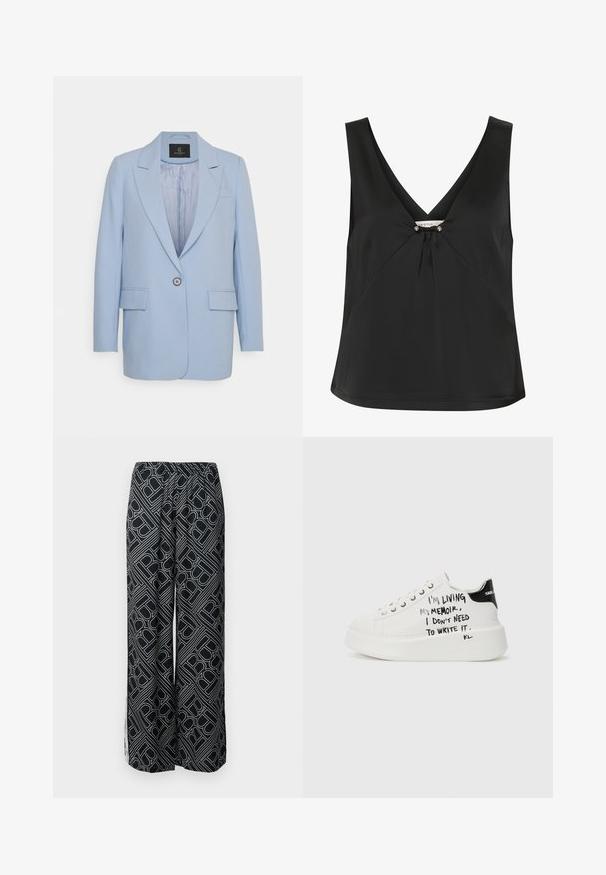 Light blue blazer with a single button closure, notched lapels, two front pockets, and a smooth inner lining. Simple design, tailored fit.; Black sleeveless top with a V-neck, featuring a decorative knot and silver-tone accents at the center, made from smooth, elegant fabric.; Wide-leg trousers made of black fabric featuring a white geometric pattern. Elastic waistband, flowing design, and side slits.; White platform sneakers with black accents, featuring a textured sole and handwritten text on the sides. Smooth leather material.