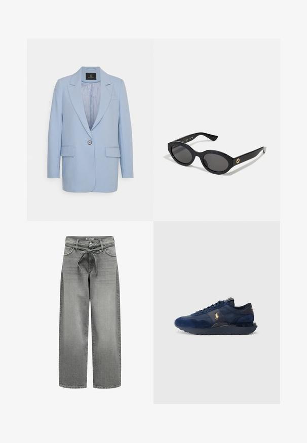 Vaaleansininen bleiseri, jossa on yksi nappikiinnitys, viisto läppäkaulus, kaksi etutaskua ja sileä vuori. Yksinkertainen muotoilu, räätälöity istuvuus.; Valkoinen napapaita, joka on valmistettu sileästä puuvillasta, klassisella kauluksella, suoran helman ja vaaleanbeigeillä napeilla edessä.; Harmaat leveälahkeiset farkut, joissa on naru vyötäröllä ja etutaskut. Kangas on hieman teksturoitu ja siinä on haalistunut viimeistely.; Tummansiniset urheilujalkineet, joissa on mokka- ja verkkokankaita, muovipohja, nauhakiristys ja kultainen logoelementti.; Mustat soikeat aurinkolasit tummilla linsseillä ja kiiltävästä muovista valmistetulla kehällä. Varustettu kullanvärisellä logolla temppeleissä, tarjoten tyylikkään ja modernin muotoilun.; Mustan kangaskassi, jossa on selkeä kohokuvioitu ympyrälogo. Sileä pinta ja kontrastiväriset nahkaosiot.