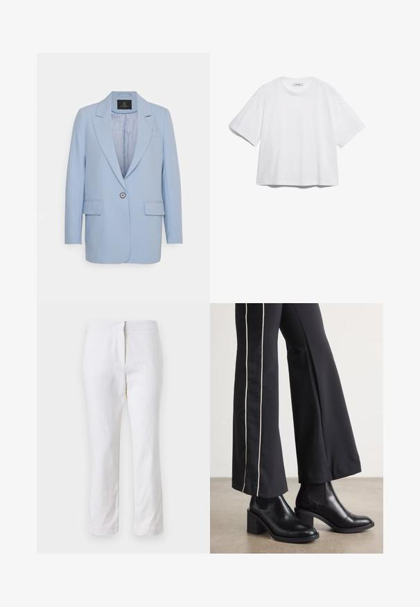Blazer azul claro com fecho de um único botão, lapelas simples, duas bolsos frontais e um forro liso. Design simples, ajustado.; T-shirt de algodão branca com mangas curtas, gola redonda, corte descontraído e sem padrões ou gráficos visíveis. Textura suave e design simples.; Calças de algodão brancas com um design de perna reta, apresentando uma cintura de altura média e sem hardware ou padrões visíveis. Textura suave por toda a peça.; Botas de tornozelo em couro preto com um salto bloco, apresentando painéis laterais elásticos. Combinadas com calças pretas que têm uma faixa lateral branca.