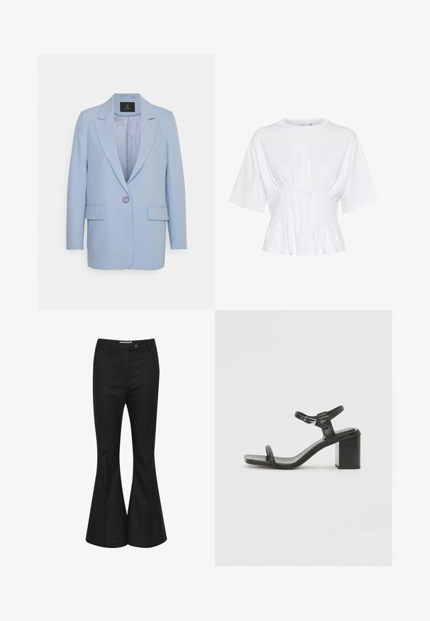 Blazer azzurro chiaro con chiusura a un bottone, rever a punta, due tasche frontali e una fodera interna liscia. Design semplice, vestibilità sartoriale.; Top bianco a maniche corte realizzato in tessuto morbido, con scollo rotondo e dettagli arricciati in vita per un look aderente.; Pantaloni neri a palazzo realizzati in tessuto liscio, con vita alta, chiusura con bottone frontale e un design elegante e sartoriale.; Sandalo in pelle nera con tacco a blocco e una fascia larga sopra le dita, dotato di una cinghia regolabile alla caviglia, caratterizzato da un design elegante e minimalista.