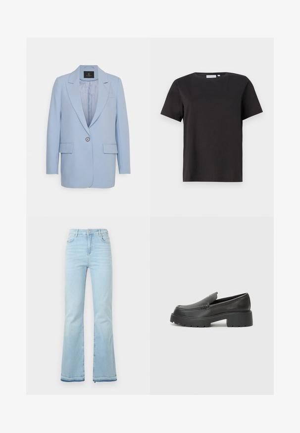 Šviesiai mėlynas švarkas su vienu mygtuku, šoninėmis atvartais, dviem priekinėmis kišenėmis ir lygiu pamušalu. Paprastas dizainas, pritaikytas fasonas.; Juodas medvilninis marškinėliai su trumpomis rankovėmis, apvaliu kaklu ir paprastu, švariu dizainu. Nėra matomų raštų ar puošmenų.; Šviesiai mėlyni, platėjantys džinsai pagaminti iš denimo, su aukštu juosmeniu, priekinėmis kišenėmis ir nelygiais apačiais, suteikiančiais kasdišką išvaizdą.; Juodi odiniai loaferiai su apvaliu pirštu, storu tekstūruotu padu ir minimaliu siūlių dekoru. Išskirtinis dizainas be matomų raištelių ar furnitūros.