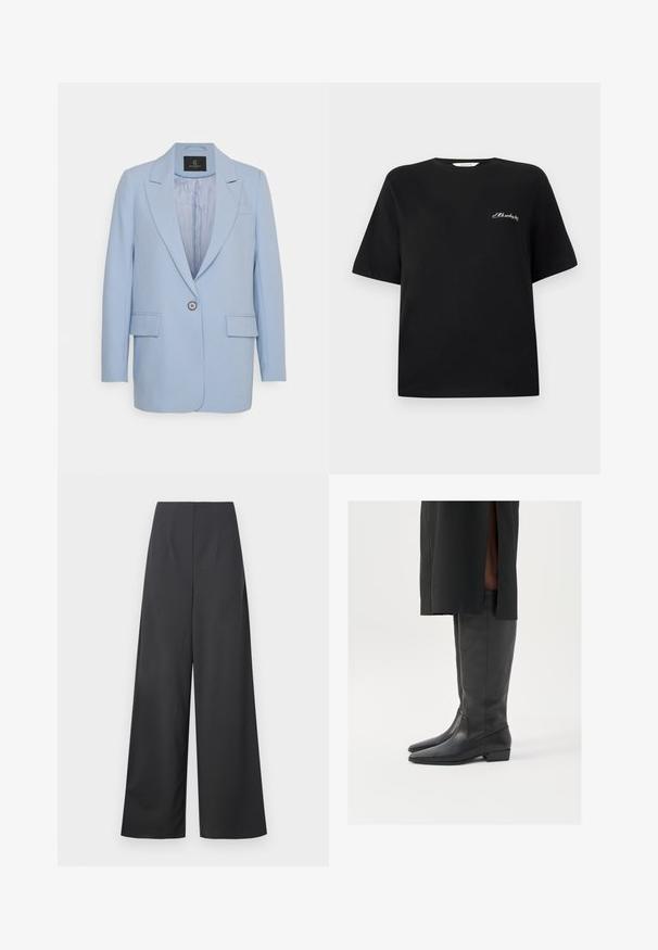 Light blue blazer with a single button closure, notched lapels, two front pockets, and a smooth inner lining. Simple design, tailored fit.; Black cotton t-shirt with short sleeves and a crew neck. Features white embroidered text on the left chest area. Smooth texture.; High-waisted, wide-leg trousers in dark gray fabric with a smooth texture. Features no visible pockets or embellishments.; Black knee-high boots made of smooth leather with a pointed toe and low block heel; minimal stitching and sleek design.