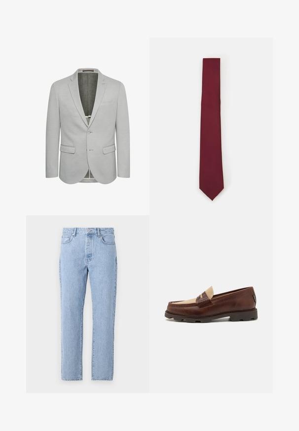 Svetlošedý blazer s jedným gombíkom, s klopami a dvoma prednými vreckami. Textúrovaná látka a čiastočne podšívaný interiér.; Biela košeľa s dlhým rukávom a zapínaním na gombíky, vyrobená z hladkého materiálu. Má klasický golier, predné gombíky a manžety na jeden gombík. Slim fit strih.; Svetlo modré džíny s priamym strihom, piatimi vreckami a zapínaním na gombíky. Mäkka textúra s klasickým vyblednutým povrchom.; Hnedé kožené loafers so taupe plátnovým akcentom, prešívaním a textúrovanou gumovou podrážkou navrhnutou pre pohodlie a trvácnosť.; Bordový hodvábny kravata, úzky tvar s pevným textúrou. Má špicatý koniec, jednotnú farbu a hladký povrch.