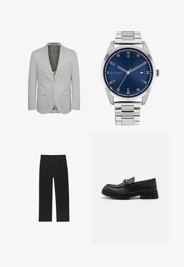 Vaaleanharmaa bleiseri, jossa on yksittäinen nappisuljenta, lovikollet ja kaksi etutaskua. Teko on teksturoitua ja osittain vuorattu sisäosa.; Sarja kahdeksasta mustasta puuvilla-t-paidasta, joissa on lyhyet hihat ja pyöreä kaula-aukko, yksinkertainen muotoilu ja pehmeä rakenne.; Mustat housut suoranlahkeisella muotoilulla, valmistettu sileästä kankaasta. Ominaisuuksiin kuuluu etupleateet ja yksi nappikiinnitys vyötäröllä.; Musta nahkaloaferi pyöreällä varvalla, koristeellisesti varustetulla hihnalla ja metalliosilla sekä paksulla, teksturoidulla pohjalla. Sileä pinta hienovaraisin yksityiskohdin.; Harmaa metallikello, jossa on harjattu sininen taulu, valkoiset tuntimerkit ja päivämääränäyttö. Varustettu linkitetyllä metallirannekkeella ja brändin logolla.