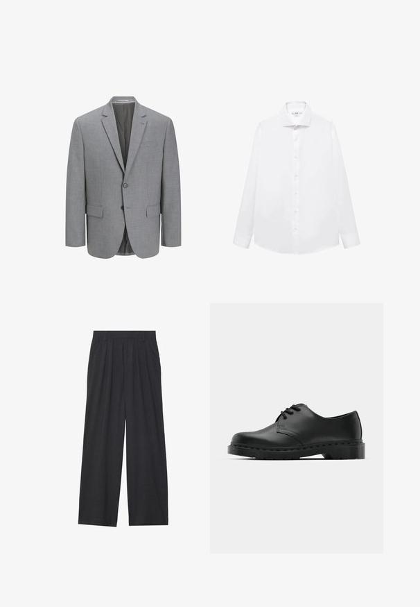 Harmaa bleiseri, joka on valmistettu tekstuuri kankaasta, kaksipainike suljenta, nappikaulus, yksittäinen rintatasku ja kaksi sivutaskua. Vuorattu sisus.; Valkoinen pitkähihaisia paitapusero, joka on valmistettu sileästä puuvillasta, jossa on terävä kaulus, etupainonappi kiinnitys ja suora helma.; Suorat lahkeet valmistettu tummanharmaasta kankaasta. Ominaisuuksiin kuuluu laskokset vyötäröllä, muotoilu on siisti ja siluetti suora.; Musta nahkainen oxford-kengät, joissa on nauhakiinnitys, pyöreä kärki, litteä kumipohja ja hillitty ompelutaito yläosassa.