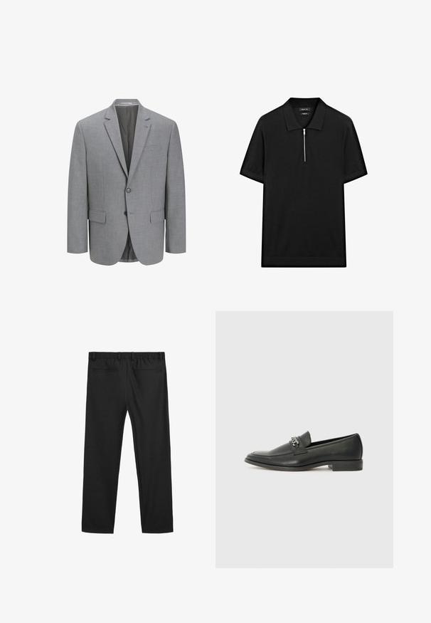 Grauer Blazer aus strukturiertem Stoff, mit Zwei-Knopf-Verschluss, Reverskragen, einer Brusttasche und zwei seitlichen Taschen. Futter im Inneren.; Schwarzes kurzärmliges Poloshirt mit Stehkragen und einem Reißverschluss vorne. Hergestellt aus einem glatten Stoff mit einem klaren, minimalistischen Design.; Schwarze Leggings mit elastischem Bund, zwei Gesäßtaschen und weit geschnittenem Stil. Glatte Stofftextur und gerades Bein-Design.; Schwarzer Lederloafer mit glatter Oberfläche, ausgestattet mit einer gesteppten Gestaltung und einem dekorativen Metallkettendetail über dem Vorderblatt. Flacher Absatz.