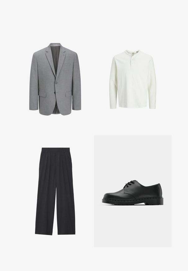 Pilkas švarkas, pagamintas iš tekstūruoto audinio, su dviem mygtukais, notch apykaklėmis, vienu krūtiniu kišeniu ir dviem šoninėmis kišenėmis. Išklotas vidus.; Balta ilga rankovė henley marškinėliai su trimis mygtukais ir apvalia iškirpte, rodomi ant paprasto balto fono.; Tamsiai pilkos spalvos plačios kojos kelnės. Su klostėmis ties juosmeniu, pritaikyta konstrukcija ir tiesi siluetas.; Juodos odinės oksfordo bateliai su raištelių užsegimu, apvaliu pirštu, plokščiu guminiu padu ir subtiliu siuvimo akcentu viršuje.