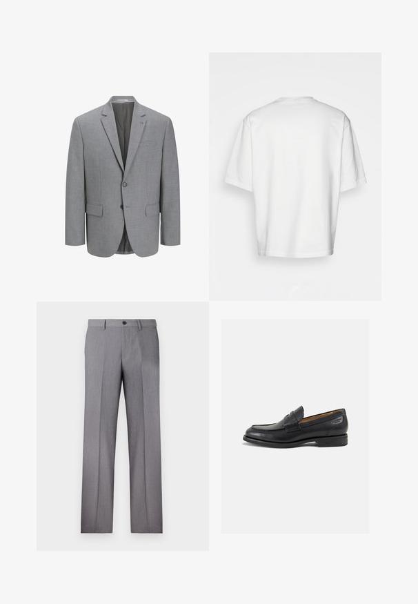 Blazer grigio realizzato in tessuto testurizzato, chiusura a due bottoni, rever a scollo a V, taschino sul petto e due tasche laterali. Interno foderato.; T-shirt bianco a maniche corte, vestibilità ampia, collo rotondo, in morbido cotone, retro senza decorazioni, orlo dritto, senza fantasie o dettagli.; Pantaloni grigi su misura con frontale piatto, due tasche laterali e chiusura a un bottone. Tessuto liscio con un sottile motivo a righe verticali.; Mocassini in pelle nera con finitura liscia, punta arrotondata e cuciture decorative sulla tomaia. Tacco basso impilato e leggero lucido.