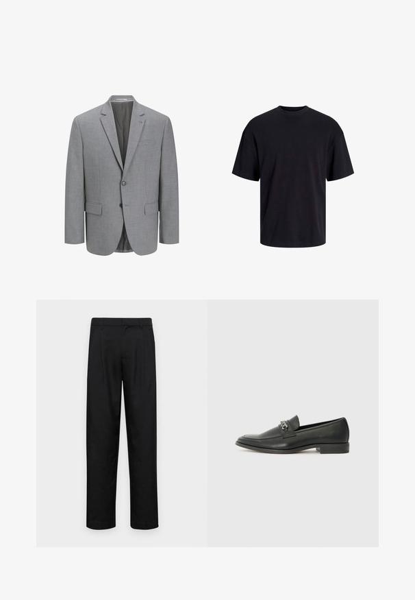 Pilkas švarkas, pagamintas iš tekstūruoto audinio, su dviem mygtukais, notch apykaklėmis, vienu krūtiniu kišeniu ir dviem šoninėmis kišenėmis. Išklotas vidus.; Juodas medvilninis marškinėlis su apvaliu iškirpimu, trumpomis rankovėmis ir laisvu siluetu. Glotni tekstūra, be matomų raštų ar akcentų.; Juodi kelnių modeliai, pagaminti iš lygios medžiagos, turi tiesią kojas, du priekiniai klostės ir standartinę juosmenį su diržo kilpomis.; Juodos odinės loafer tipo bateliai su lygiu paviršiumi, turintys siuvinėtą dizainą ir dekoratyvų metalo grandinėlės akcentą ant batų viršaus. Plokščias kulnas.