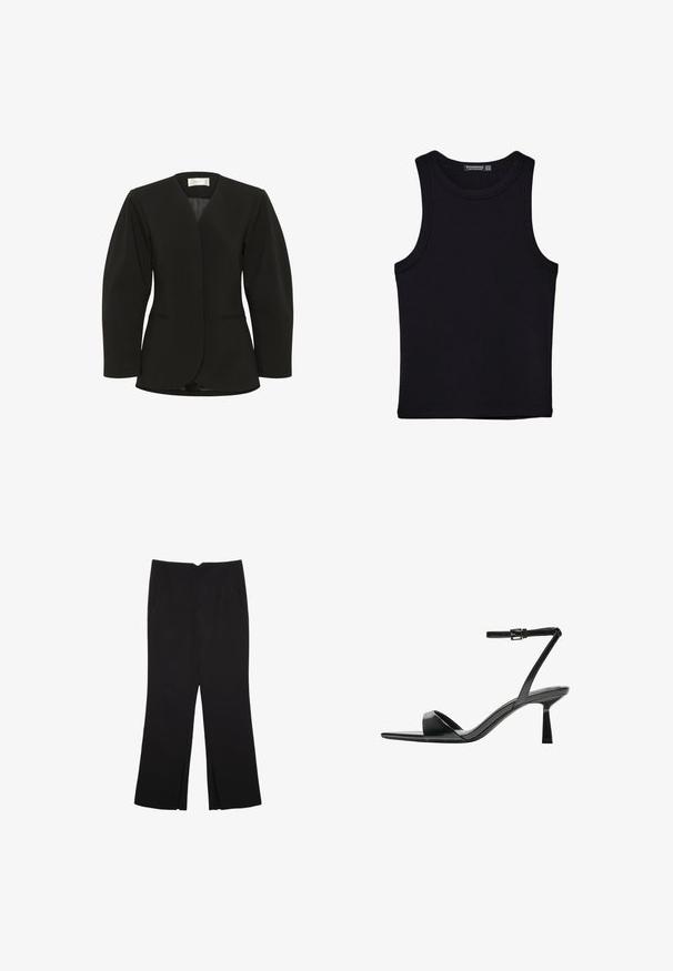 Czarna dopasowana marynarka z wyprofilowanymi ramionami, długimi rękawami, dekoltem w kształcie litery V i dwiema przednimi kieszeniami, zaprezentowana na białym tle.; Czarny top na ramionczkach wykonany z bawełny, z okrągłym dekoltem i szerokimi wycięciami na ramionach. Gładka tekstura z przeszytymi brzegami. Klasyczny, minimalistyczny design.; Czarne spodnie o prostym kroju, z przednimi kieszeniami i bocznymi rozcięciami na dole. Wykonane z miękkiego, gładkiego materiału. Odpowiednie na różne okazje.; Bershka - Sandały na obcasie