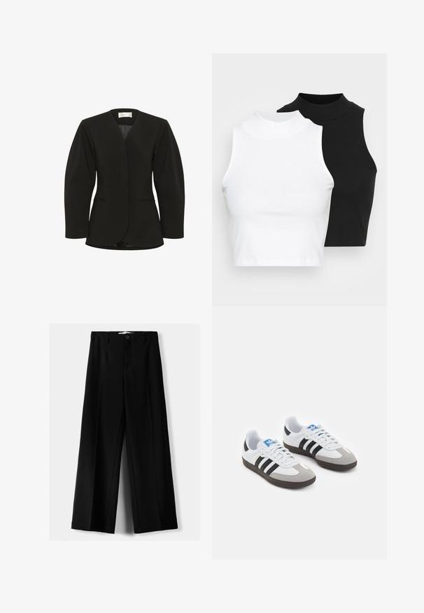 Svart skräddarsydd blazer med vadderade axlar, långa ärmar, V-ringning och två framskjutna fickor, uppvisad mot vit bakgrund.; Två ärmlösa ribbade polotröjor i svart och vitt, med en figursydd design och slät textur, i en kortad längd.; Svarta vida byxor i lätt material, med knappstängning fram och platt front, samt väl sydda fållar.; Sportskor med överdel i vit läder, grå mocka på tårna och tre svarta ränder. Har en blå logotyp på tungan och en texturerad gummisula.