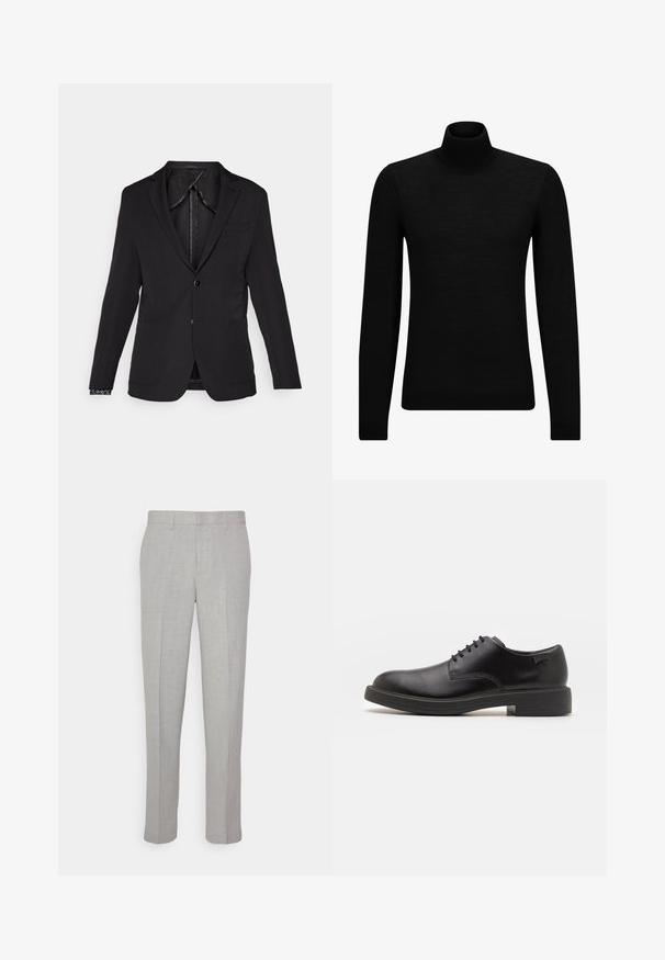 Czarny żakiet o dopasowanym kroju, z klapami, z pojedynczym zapięciem na guzik i bocznymi kieszeniami. Rękawy zdobione wzorzystym materiałem.; Czarny sweter z golfem wykonany z miękkiego materiału, z długimi rękawami i dopasowanym krojem. Żebrowane wykończenie na dolnym brzegu i mankietach. Prosty design.; Jasnoszare spodnie o gładkiej fakturze, z płaskim przodem i prostymi nogawkami. Wykonane z przewiewnej tkaniny, z wewnętrznymi kieszeniami i pętelkami na pasek.; Czarny skórzany but za kostkę z okrągłym noskiem, gładką fakturą, minimalnym przeszyciem i niskim gumowym obcasem. Logo na pięcie.