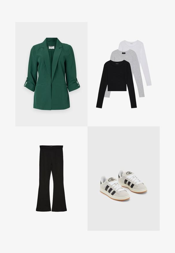 Groene op maat gemaakte blazer met een kraag, voorzakken en opgerolde mouwen. Gemaakt van een gladde stof met een gestructureerd ontwerp.; Drie langmouwige tops gestapeld: zwart, grijs en wit. Elke top heeft een ronde halslijn en een cropped ontwerp van soepel, lichtgewicht materiaal.; Zwarte flare leggings gemaakt van rekbaar materiaal. Beschikt over een brede tailleband en een zachte textuur, met een getailleerd silhouet dat uitloopt bij de zoom.; Grijze nubucklederen sneakers met witte veters, zwarte strepen en een witte rubberen zool. Bevat een rond logo op de tong en een gumzool.