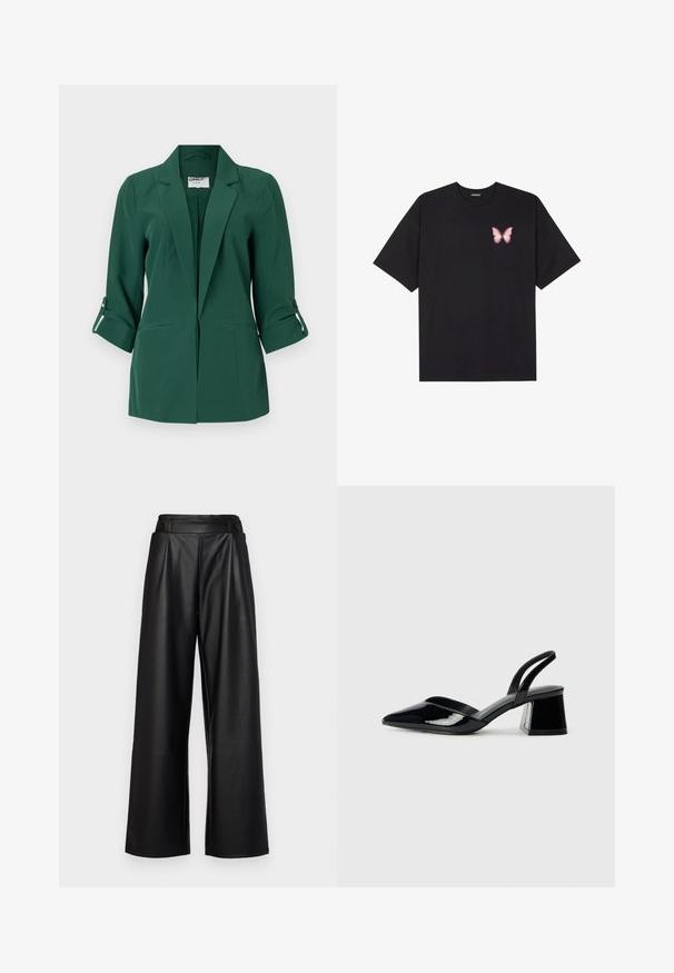 Groene op maat gemaakte blazer met een kraag, voorzakken en opgerolde mouwen. Gemaakt van een gladde stof met een gestructureerd ontwerp.; Zwarte katoenen t-shirt met korte mouwen, voorzien van een kleine roze vlinder graphic op de linkerkant van de borst. Crew neck ontwerp met een relaxte fit.; Zwarte, wijde leren broek met hoge taille, plooien en twee ronde knopen aan de voorkant voor sluiting.; Zwarte gepatineerde leren slingback hakken met een spitse neus en een geometrische blokhak. Kenmerkt zich door een slank, minimalistisch ontwerp en een gladde textuur.