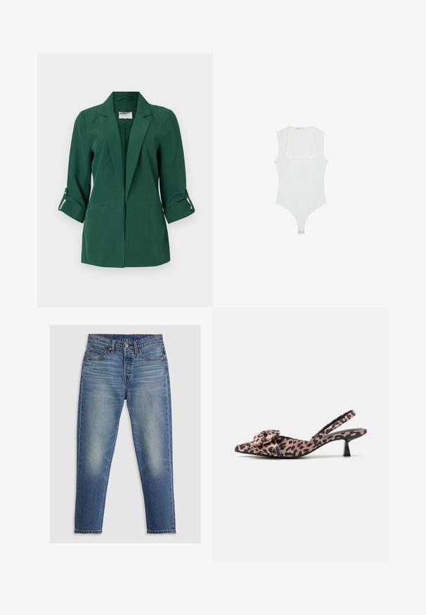 Zeleni sako s ovratnikom, prednjim džepovima i podvrnutim rukavima. Izrađen od glatkog materijala s strukturiranim dizajnom.; Bijela bodi s kvadratnim izrezom, bez rukava, glatke teksture i kopčanjem na dnu. Jednostavan i minimalistički stil.; Svijetloplavi traperice ravnog kroja, s pet džepova, dugmetom za zatvaranje i suptilnim izblijeđivanjem na bedrom. Vidljivo kontrastno šivanje.; Slingback potpetice s uskim vrhom od tkanine s leopard uzorkom, s naglaskom na mašnu, koje imaju nizak crni potplat i glatku teksturu.
