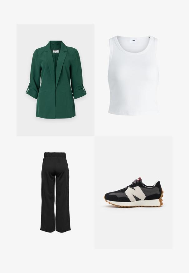 Zaļš piegrieztā bleizeris ar apkakli, priekšējiem kabatām un sarollētām piedurknēm. Izgatavots no gludas auduma ar strukturētu dizainu.; Balts ribots topiņš ar apaļu kakla izgriezumu, bez piedurknēm un īsā garumā. Uz birkas ir rakstīts "JJXX." Gluda auduma tekstūra.; Melnas, platas bikses ar elastīgu jostu, izgatavotas no gludas auduma. Iespējamā tīra dizaina ar bez kabatām un redzamām šuvēm.; Melnas un pelēkas zamšādas sporta kurpes ar lielu krēmkrāsas "N" logotipu, purpura šņorēm un strukturētu gumijas zoli.