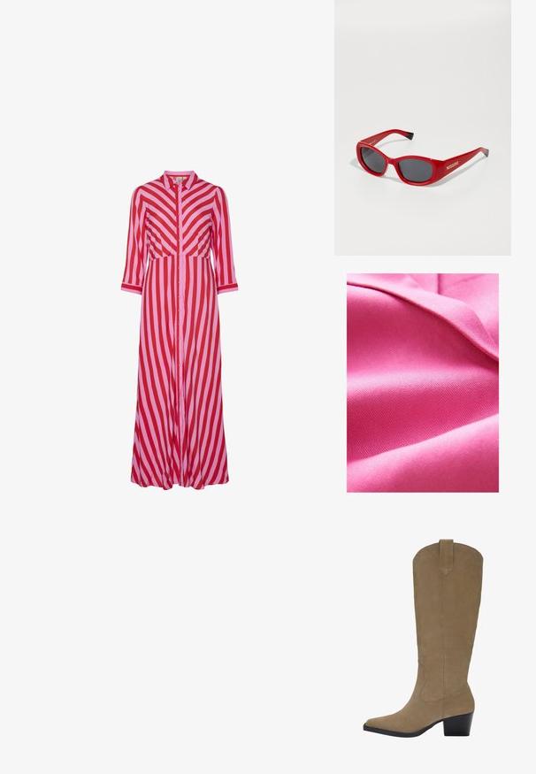 Texturovaná růžová látka, hladká s mírným leskem, s diagonálním tkaním a měkkým splýváním. Bohatá saturace barev zvyšuje vizuální přitažlivost.; Dlouhé šaty s knoflíky, které mají střídající se červené a růžové diagonální pruhy. Vyrobené z lehkého materiálu s třičtvrtinovými rukávy.; Kozačky z hladké světlé semišové kůže do výšky kolen s špičatou špičkou, nasazeným podpatkem a prošíváním po stranách. Hladká textura a strukturovaný design.; Červené plastové sluneční brýle se štíhlým oválným rámem. Mají tmavé čočky a zlaté logo na straně. Černé akcenty na koncích ramínek.; Tkaná slámová kabelka v obdélníkovém tvaru, vybavená koženým popruhem v světle hnědé barvě a stříbrnými detaily, v přirozené béžové barvě a textuře.