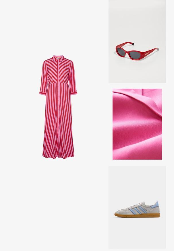 Ruusunvärinen kangas, sileä ja vähäisellä kiillolla, jossa on viistopinta-ansyiituskuvio ja pehmeä roso. Rikas väri-intonointi parantaa visuaalista vetovoimaa.; Pitkä napitettavat mekko, jossa on vuorotellen punaisia ja vaaleanpunaisia vinoja raitoja. Valmistettu kevyestä materiaalista ja kolmivartisista hihoista.; Harmaa nubuk-nilkkkenkä, jossa on vaaleansinisiä raitoja, kuminen pohja ja logo-koristelu. Matalaprofiilinen muotoilu, pyöreä kärki ja nauhakiinnitys.; Punaiset muoviset aurinkolasit, joissa on kapea, soikea kehys. Varustettu tummilla linsseillä ja kultaisella brändäyksellä sivussa. Mustia korostuksia temppeleiden päässä.; Kankaan punottu käsilaukku suorakulmaisen muotoisena, jossa on konjakinvärinen nahkahihna ja hopeanväriset yksityiskohdat, sekä luonnollinen beige väri ja tekstuuri.