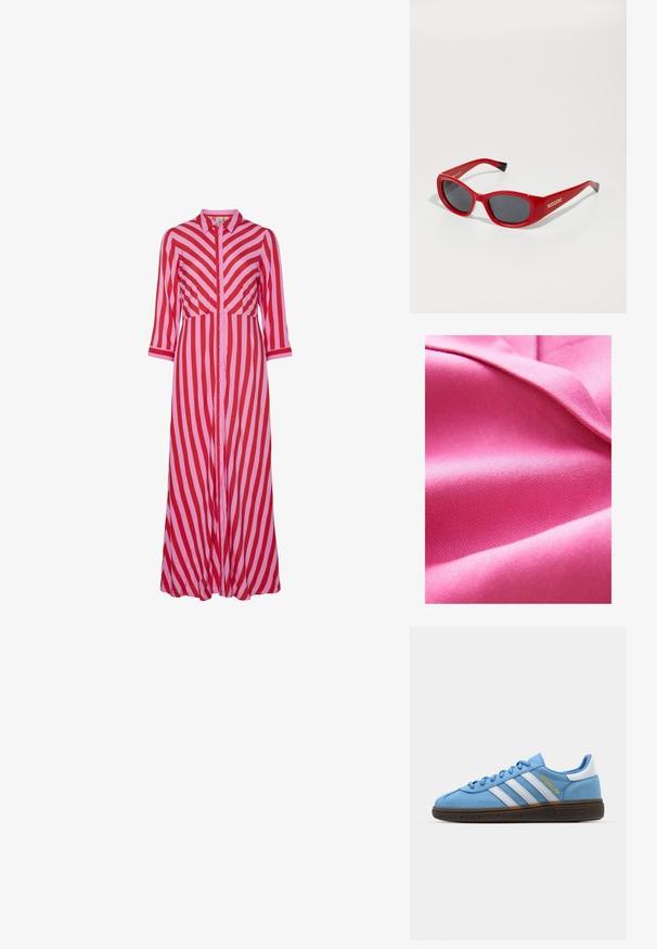 Textureret pink stof, glat med en let glans, prydet med et diagonalt vævemønster og blød fald. Rig farvemætning forbedrer den visuelle appel.; Lang knap-ned kjole med skiftende røde og lyserøde diagonale striber. Fremstillet af letvægtsmateriale med trekvartærmer.; Lyseblå ruskinds sneakers med hvide læderstribes, en brun struktureret sål og detaljer i guld. Lav-top design med rund tå.; Røde plastiske solbriller med en slank, oval ramme. Udstyret med mørke linser og guldbranding på siden. Sorte accenter ved enderne af stængerne.; Vævet stråhåndtaske i rektangulær form, med en lys læderrem og sølvfarvet hardware, i en naturlig beige farve og tekstur.