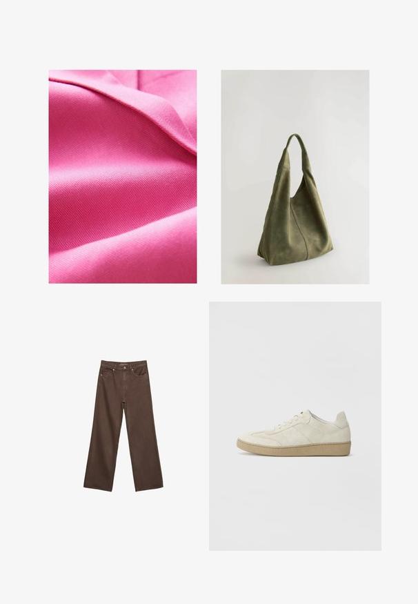 Struktura roza tkanina, gladka s rahlim sijajem, z diagonalnim tkanjem in mehkimi draperijami. Bogata barvna nasičenost povečuje vizualno privlačnost.; Roza, kratka majica s kratkimi rokavi iz mehkega blaga, z okroglim izrezom in ohlapnim krojem ter subtilno heathered teksturo.; Široke rjave kavbojke iz denima, ki imajo visok pas, sprednje žepe in klasično zapiranje na gumb. Gladka tekstura s subtilnim šivom.; Bež semiš teniske z teksturiranim dizajnom, ravnim gumijastim podplatom in izrazitim stranskim šivanjem. Okrogla konica in oblazinjeni ovratnik.; Zeleno semiš torba z mehko teksturo, ohlapna zasnova in šivani šivi. Ima eno ročico in odprt glavni predel.