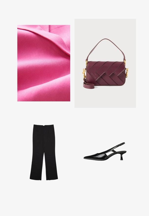 Tissu rose texturé, lisse avec un léger éclat, présentant un motif de tissage diagonal et une tombée douce. La saturation riche des couleurs augmente l'attrait visuel.; Débardeur noir en coton, avec un col rond et des emmanchures larges. Texture lisse avec des ourlets cousus. Design classique et minimaliste.; Pantalon noir avec une coupe droite, doté de poches avant et d'éclairs sur l'ourlet. Fabriqué en tissu doux et lisse. Convient à diverses occasions.; Escarpins slingback en cuir verni noir avec un bout pointu, un design découpé sur les côtés et un petit talon carré. Texture lisse avec des accents minimaux.; Sac bandoulière en cuir bordeaux avec motif tressé, détails en métal doré, bandoulière réglable et fermeture à rabat.
