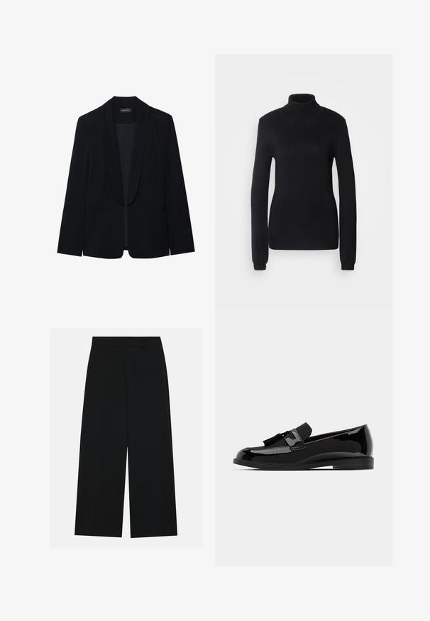 Fekete blézer csúcsos hajtókával, egysoros gombolással, két elülső zsebbel és sima, texturált anyaggal. Nincsenek látható minták vagy díszítések.; Fekete garbó pulóver, puha kötött anyagból készült, hosszú ujjakkal és testhez simuló szabással, bordás nyakkal és aljjal.; Széles lábú fekete nadrág sima anyagból. Lapított derékpánttal rendelkezik, övhurkokkal és látható zsebek nélkül. Egyszerű dizájn.; Fekete lakkbőr mokaszinok lapos sarokkal, bojt díszítéssel és sima felülettel, lekerekített orral és diszkrét varrással tervezve.