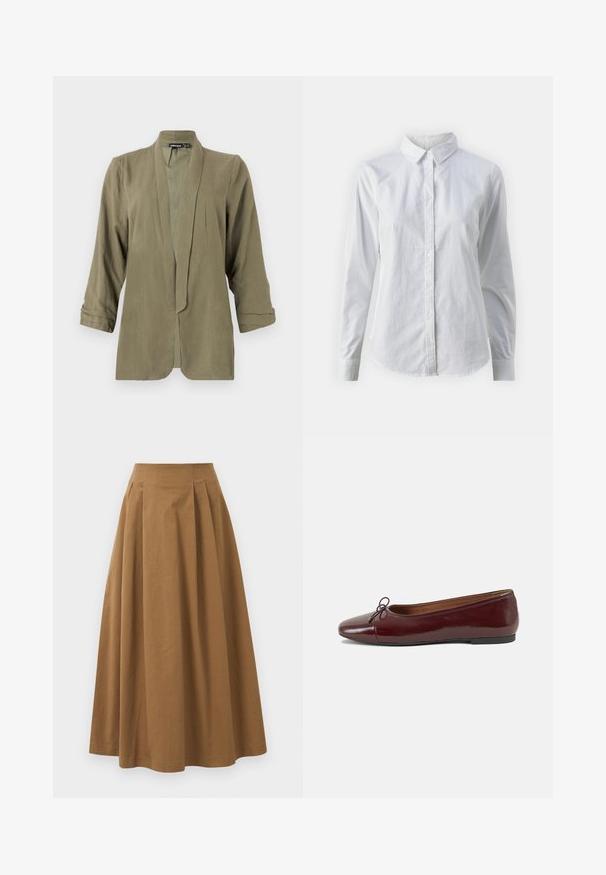 Maslinasto zelena lagana sako jakna, otvoreni prednji dio, rukavi do tri četvrtine, mekana tekstura, s plisiranim detaljima na prednjem dijelu, bez kopčanja ili uzoraka.; Bjela košulja na dugih rukava od glatkog pamuka, s klasičnom kragnom i zakrivljenim rubom. Dugmad su mala i bijela.; Smeđa pamučna suknja A kroja s visokim strukom, koja ima nabore sprijeda i glatku teksturu. Završetci donjeg ruba su čisti i jednostavni.; Burgundska lakirana balerinka s zaobljenim vrhom, malim mašnom sprijeda i niskom, crnom gumenom potplatu. Glatka tekstura.
