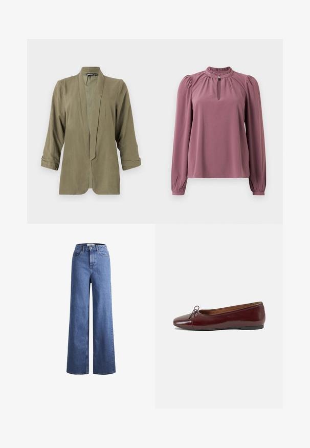 Blazer leve de cor verde-oliva, design aberto na frente, mangas a três quartos, textura suave, com pregas na parte da frente, sem fechos ou padrões.; Blusa de manga longa em cor malva com gola franzida, decote em forma de olho de fechadura com fechamento por botão e ombros ligeiramente bufantes.; Jeans de ganga azul claro, de perna larga e cintura alta, com dois bolsos frontais e costuras visíveis. Apresenta um fecho de botão e zíper.; Bailarinas em couro sintético borgonha com bico redondo, pequeno laço na frente e sola baixa em borracha preta. Textura suave.