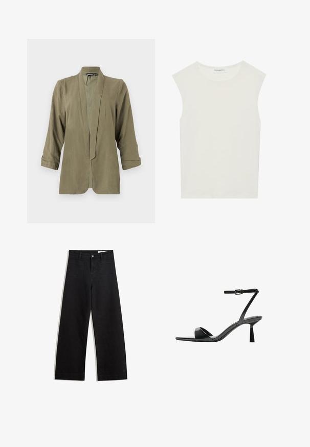 Blazer ușor de culoare verde măslinie, cu design deschis în față, mâneci trei sferturi, textură moale, având pliseuri în față, fără închideri sau modele.; Top alb fără mâneci, cu decolteu rotund. Fabricat dintr-un material neted, prezintă o croială lejeră și un design minimalist. Fără modele sau accente.; Pantaloni din denim negri cu picioare largi, cu talie înaltă, având buzunare frontale și posterioare, cusături dublate și închidere cu nasture. Textură netedă.; Bershka Sandale cu toc - black