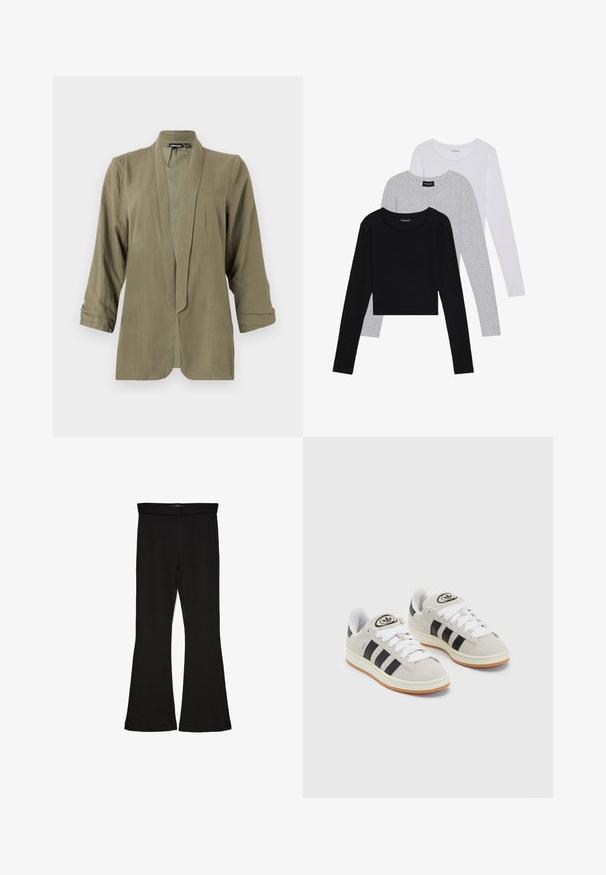 Blazer leve de cor verde-oliva, design aberto na frente, mangas a três quartos, textura suave, com pregas na parte da frente, sem fechos ou padrões.; Três camisetas de manga longa empilhadas: preta, cinza e branca. Cada uma tem um decote redondo e um design cropped, feitas de um tecido leve e suave.; Leggings pretos em flare feitos de um tecido elástico. Apresentam uma cintura larga e uma textura suave, com um silhueta ajustada que se alarga na bainha.; Tênis de camurça cinza com atacadores brancos, riscas pretas e uma sola de borracha branca. Apresenta um logótipo circular na língua e uma sola de borracha.