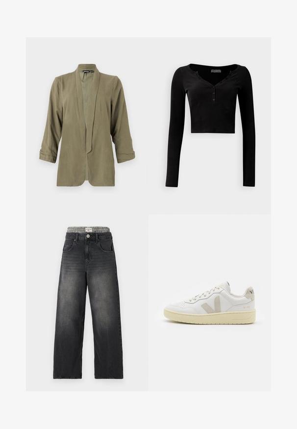 Olivno zelena lahka blazerica, odprtega sprednjega dela, s tremi četrtinami rokavov, mehka tekstura, z gubami spredaj, brez zapiranja ali vzorcev.; Črn skrajšan dolg rokav vrh iz rebraste tkanine, z V-izrezom in trimi gumbi na sprednji strani.; Črne denim široke hlače z pasom v vzorcu houndstooth. Lastnosti vključujejo sprednje žepe in zapiranje na gumb. Imajo obrabljeno teksturo.; Bela usnjena tenisača z bež semiš poudarki, perforiranim prednjim delom, ravnimi vezalkami in strukturiranim kremnim podplatom. Ima diskretno blagovno znamko na peti.