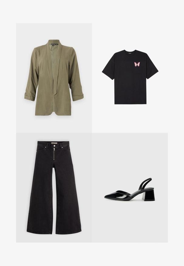 Olivengrønn lett blazer, åpen frontdesign, trekvart erm, myk tekstur, med plissee foran, uten lukking eller mønstre.; Svart bomulls T-skjorte med korte ermer, med en liten rosa sommerfugl grafikk på venstre bryst. Crew-neck design med en avslappet passform.; Vide benbukser i sort denim med glidelås i front, fem-lomme design og subtile sømdetaljer. Glatt tekstur og avslappet stil.; Svarte patentlær slingback hæler med spiss tå og geometrisk blokk hæl. Har et stilrent, minimalistisk design og jevn tekstur.