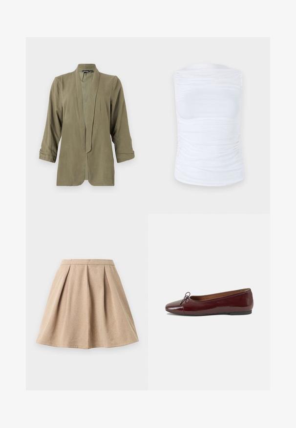 Olīvu zaļš viegls bleizeris ar atvērtā priekšējo dizainu, trīs ceturtdaļu piedurknēm, mīksta tekstūra, ar krokām priekšpusē, bez aizdariem vai rakstiem.; Balta bez piedurknēm tops, kas izgatavots no gludas, elastīgas auduma, ar saplacinātiem elementiem sānos, ar apaļu dekoltē un pieguļošu siluetu.; Brūna plīšu svārku, kas izgatavota no teksturēta auduma, ar pieguļošu jostas daļu un izplestu dizainu, kas sasniedz vidusceli.; Burgundijas laku ādas baleta kurpes ar noapaļotu purngalu, nelielu loku akcentu priekšā un zemu melnu gumijas zoli. Gluda tekstūra.