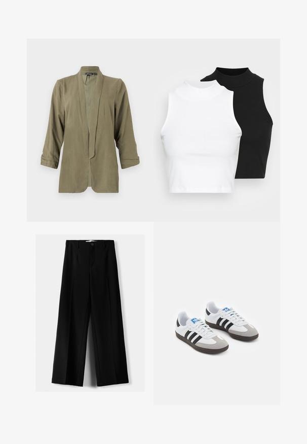 Olíva zöld, könnyű blézer, nyitott elülső kialakítással, háromnegyedes ujjakkal, puha textúrával, elől redőkkel, nincs rejtett záródás vagy minta.; Két ujjatlan, bordázott garbós top fekete és fehér színben, testhezálló kialakítással és sima textúrával, rövidített hosszal.; Fekete, bő szárú nadrág, könnyű anyagból, elöl gombos záródással és sima elfröccsenésű fazonnal, szépen varrott szegélyekkel.; Fehér bőr felsőrészes sportcipő, szürke velúrból készült orral és három fekete csíkkal. Jellemzője a kék logó a nyelvén és egy texturált gumitalp.