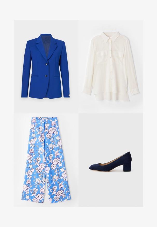 Heled sinine ülikond jakk, millel on täiuslik sobivus, teravad kraed, kaks nuppu ja kaks esikotti. Sile tekstuur ja minimaalsed detailid.; Valge nööbid üles särgid kergest kangast. Omab klassikalist kraed, kahte rinna-taskut ja veidi pikemat tagumist äärt.; Sinised lillelised püksid, millel on pastellroosade mustritega kaunistus. Kude on sile, lõige on mugav, laiad jalad ja elastne vöökoht.; Tumesinise sametist kõrge kontsaga king, millel on terav nina ja keskmise kõrgusega plokk-konts. Sile tekstuur kerge sädelusega ja ees väike lõige.