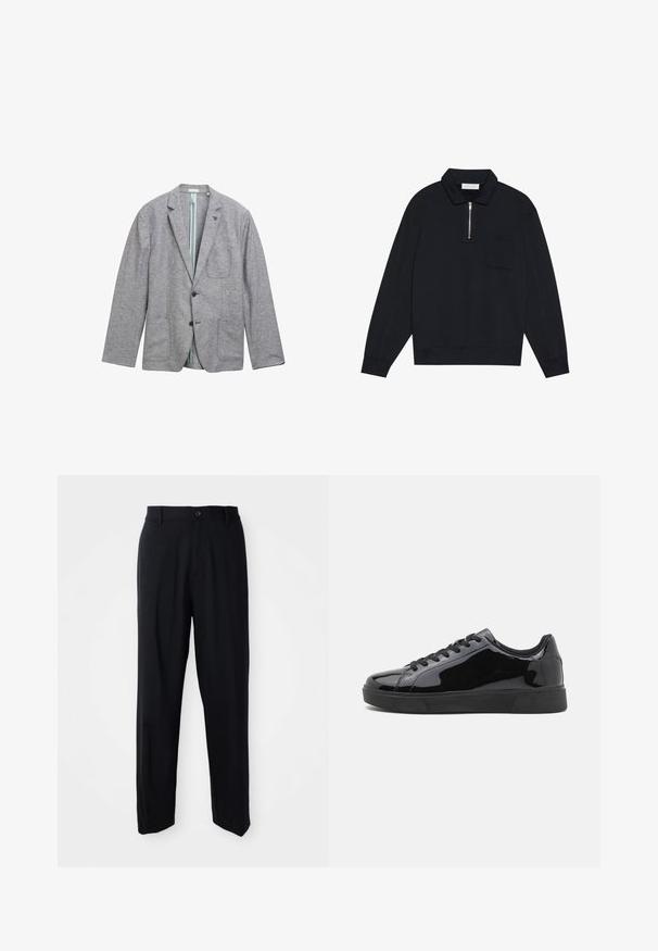 Grå blazer lavet af tekstureret stof, med to frontlommer, en enkelt knaplukning og en lyseblå foer.; Pier One Sweatshirt - black; Sorte lige bukser med bæltestropper, knaplukning og et slankt, minimalistisk design på en neutral baggrund.; Sorte patentlæder sneakers med rund tå, flad gummisål og sorte snørebånd. Glat, skinnende overflade på den øverste del.