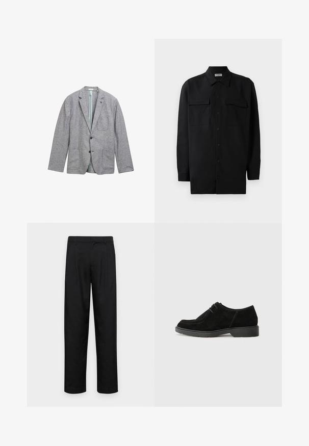 Sacou gri dintr-un material texturat, având două buzunare frontale, închidere cu un singur nasture și o captuseală bleu deschis.; Cămașă neagră cu nasturi, confecționată dintr-un material neted, având un guler clasic, două buzunare frontale și mâneci lungi cu manșete cu nasturi.; Pantaloni negri dintr-un material neted, cu un design drept, două pliuri frontale și un tiv standard cu bucle pentru curea.; Pantofii negri din suede, cu vârful rotunjit, cusături contrastante și talpă din cauciuc. Prezintă un sistem de șireturi minim și un design suprem neted.