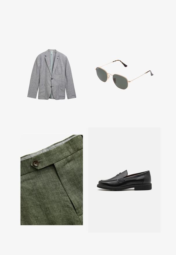 Blazer grigio realizzato in tessuto texturizzato, con due tasche frontali, chiusura a un bottone e fodera blu chiaro.; Camicia bianca a maniche lunghe con colletto a punta, caratterizzata da una texture liscia e sette bottoni sul davanti.; Pantaloni in lino verde oliva con piega frontale, dotati di chiusura con bottone e una fodera a quadretti a contrasto nella cintura.; Mocassini sintetici neri con una spessa cucitura frontale, soletta imbottita e suola piatta in gomma; design elegante con dettagli minimi.; Occhiali da sole con montatura in metallo dorato e lenti verde scuro, stile aviator, con aste sottili e dettagli in tartaruga sulle punte.