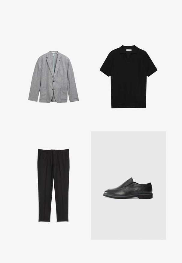Grau farbener Blazer aus strukturiertem Stoff, mit zwei vorderen Taschen, einem Ein-Knopf-Verschluss und einem hellblauen Futter.; Schwarzes Kurzarm-Polohemd aus texturiertem, geripptem Stoff, mit einem V-Ausschnitt und geradem Saum. Keine sichtbaren Logos oder Muster.; Schwarze, maßgeschneiderte Hose mit glatter Textur, ausgestattet mit zwei Seitentaschen, einer flachen Vorderseite und einem klassischen Bund.; Schwarze Leder-Slipper mit glattem Obermaterial, gesteppten Akzenten, runder Zehenpartie und niedrigem Gummiabsatz. Die Sohle hat ein minimales Profil.