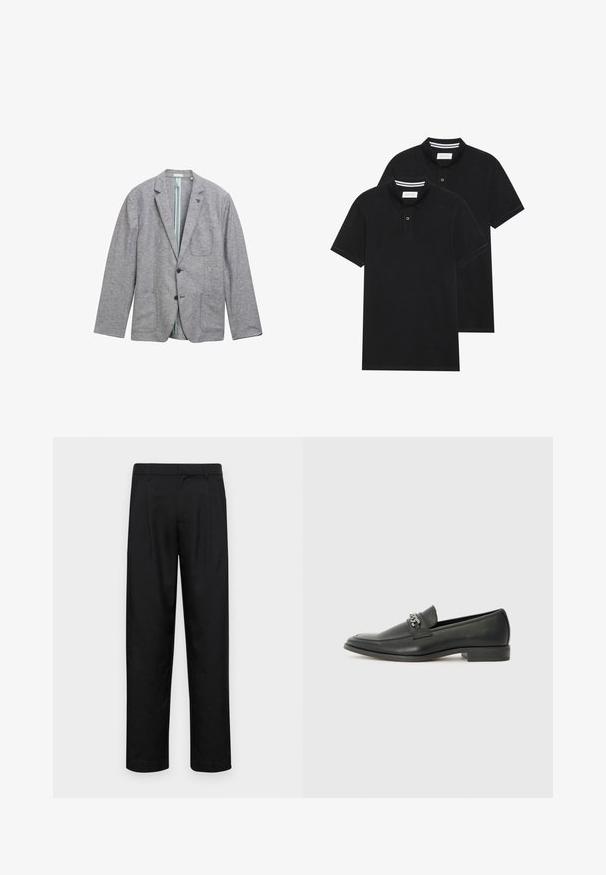 Blazer gris hecho de tela texturizada, que cuenta con dos bolsillos delanteros, un cierre de un botón y un forro azul claro.; Dos camisetas polo negras, de manga corta, de material de algodón, que presentan un cuello clásico, una tapeta de dos botones y acentos de rayas blancas en el interior del cuello.; Pantalones negros de tela suave, con un diseño de pierna recta, dos pliegues frontales y una cintura estándar con trabillas para el cinturón.; Mocasín de cuero negro con un acabado suave, que cuenta con un diseño de costura y un acento decorativo de cadena de metal en el empeine. Tacón plano.