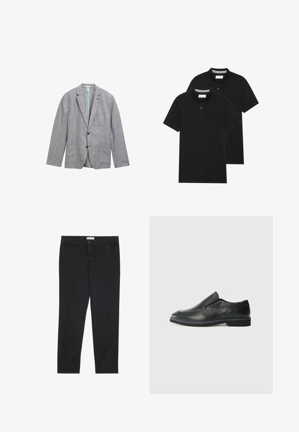 Pelēks žakets, izgatavots no teksturēta auduma, ar divām priekšējām kabatām, vienas pogas aizdari un gaiši zilu odere.; Divas melnas polo krekli, īsām piedurknēm, no kokvilnas materiāla, ar klasisku apkakli, divu pogu aizdari un balti svītroti akcenti apkakles iekšpusē.; Melni kokvilnas bikses ar šauru piegriezumu, kurām ir divas sānu kabatas un priekšējā pogu aizdare. Tekstūrēta auduma ar smalku detalizāciju.; Melnas ādas slip-on kurpes ar gludu augšdaļu, izšūtām akcentiem, noapaļotu purngala daļu un zemu gumijas papēdi. Zole ar minimālu rakstu.