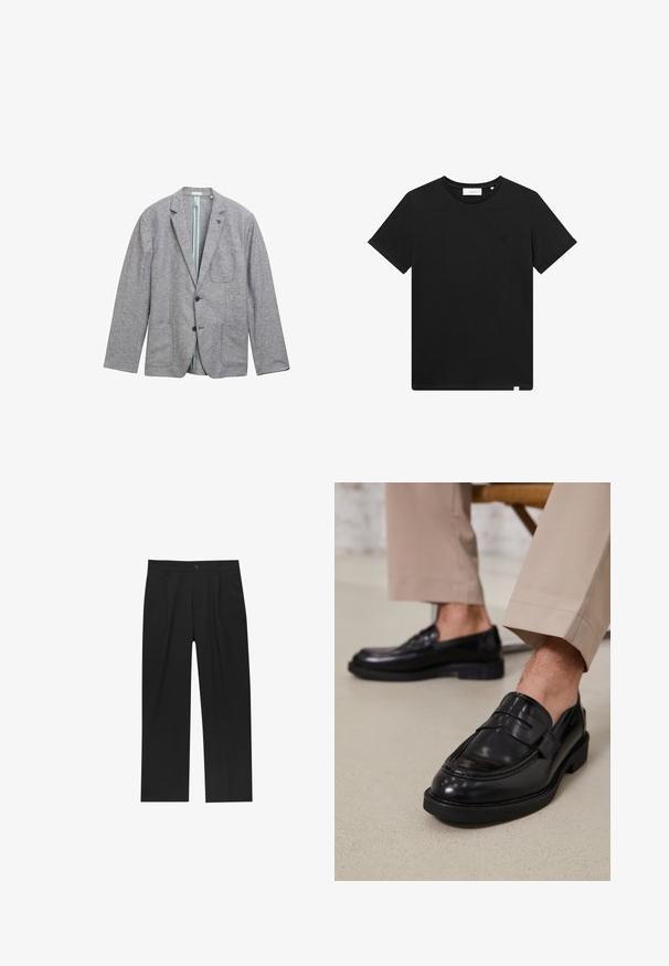 Grijze blazer van gebreide stof, met twee voorzakken, een sluiting met één knop en een lichtblauwe voering.; Zwarte T-shirt met korte mouwen van katoen, met een ronde hals en een klein logo geborduurd op de borst. Soepele textuur, normale pasvorm.; Zwarte broeken met een recht model, gemaakt van een gladde stof. Voorzien van een voorplooien en een enkele knoopsluiting bij de taille.; Zwarte leren loafers met een gladde afwerking, voorzien van een decoratieve band en contrasterende stiksels, gecombineerd met beige broeken.