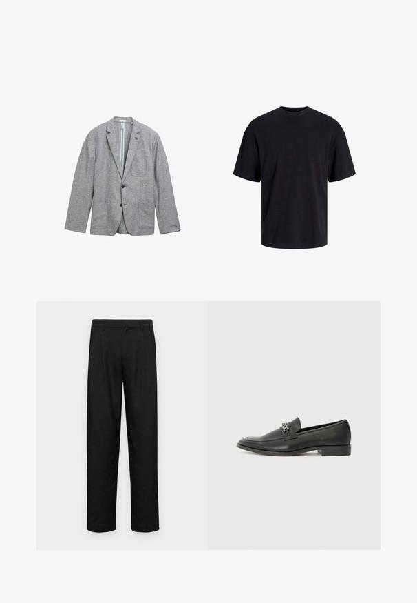 Sivina blazer iz teksturiranega blaga, z dvema sprednjima žepoma, enojnim gumbom za zapiranje in svetlo modrim podlogom.; Črna bombažna majica s krojačkom izrezom, kratkimi rokavi in sproščenim krojem. Gladka tekstura in brez vidnih vzorcev ali poudarkov.; Črne hlače iz gladkega materiala, s krojem ravne noge, dvema sprednjima pregiboma in standardnim pasom z zankami za pas.; Črni usnjeni loafer z gladko površino, ki ima šivano zasnovo in dekorativni kovinski verižni naglas preko vampirja. Ravno peto.