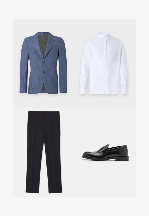 Blazer bleu avec un tissu texturé, deux poches avant, des revers crantés et deux boutons. L'intérieur est doublé d'un vert uni.; Chemise blanche à manches longues avec boutons en coton, présentant une poche poitrine avec broderie ton sur ton, un col et des poignets boutonnés.; Pantalons noirs ajustés en tissu lisse, dotés de deux poches latérales, d'une coupe droite et sans motifs ni accents visibles.; Mocassins en cuir noir avec une texture lisse, bout rond et une sangle décorative sur le dessus. Talon bas empilé, design minimaliste.