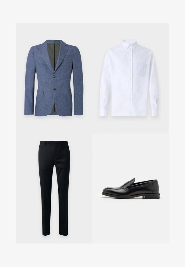 Blazer blu in tessuto texturizzato, con due tasche frontali, revers a punta e due bottoni. L'interno è foderato in verde uniforme.; Camicia bianca a maniche lunghe con bottoni, realizzata in cotone, caratterizzata da una tasca sul petto con ricamo tonale, colletto e polsini con bottoni.; Pantaloni neri con un tessuto morbido, design a gamba affusolata, chiusura con un bottone e tasche laterali per praticità.; Mocassini neri in pelle con una texture liscia, punta arrotondata e una striscia decorativa sulla tomaia. Tacco basso impilato, design minimalista.