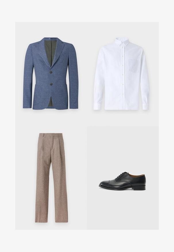 Modra blejzerica z teksturirano tkanino, dvema sprednjima žepoma, zarezanim reverjem in dvema gumboma. Notranjost je obložena z enobarvno zeleno tkanino.; Bela dolgo rukava srajca s kragnico, izdelana iz bombaža, z žepom na prsih in toniranimi vezeninami ter gumbi na manšetah.; Rjave hlače z visokim pasom, izdelane iz teksturirane tkanine. Imajo široke noge in dve sprednji pregibi za strukturo. Urejen zaključek brez vidne strojne opreme.; Črne usnjene oblečne čevlje z gladko površino, okrogle konice, petimi luknjami za vezalke in nizkim blok peto. Minimalističen dizajn s subtilnim šivanjem.