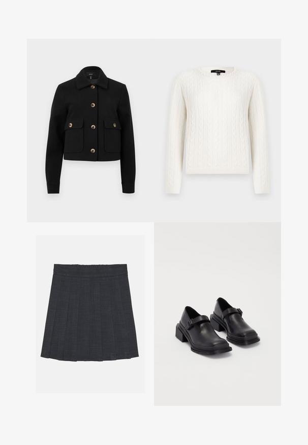 Giacca nera corta realizzata in tessuto testurizzato, con colletto, quattro tasche frontali e bottoni marroni per la chiusura e dettagli.; Maglione bianco a maglia grossa con maniche lunghe, scollatura rotonda e decorazione di perle al colletto. Tessuto morbido e design aderente.; Gonna a pieghe grigio scuro con vita elastica, caratterizzata da un tessuto testurizzato e da una classica silhouette a trapezio. Adatta per un abbigliamento casual.; Scarpe in pelle nera con punta arrotondata, suola piatta e una cintura con dettaglio fibbia. Tacco a blocco spesso per una maggiore stabilità.
