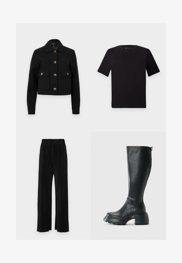 Giacca nera corta realizzata in tessuto testurizzato, con colletto, quattro tasche frontali e bottoni marroni per la chiusura e dettagli.; T-shirt nera a maniche corte con scollatura rotonda, realizzata in morbido cotone. Design semplice, senza loghi o motivi visibili.; Pantaloni neri a plissé con vita elasticizzata. Presentano gamba ampia e un tessuto liscio e texture con strisce verticali.; Stivale lungo in pelle nera con suola piatta robusta e tacco a blocco, dotato di linguetta e battistrada testurizzato sulla suola.